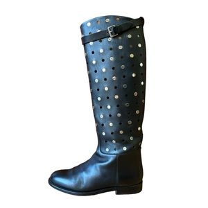 RARE Hermes Knee High Perforated Leather Riding Jumping Boots Tall Black 36 6
